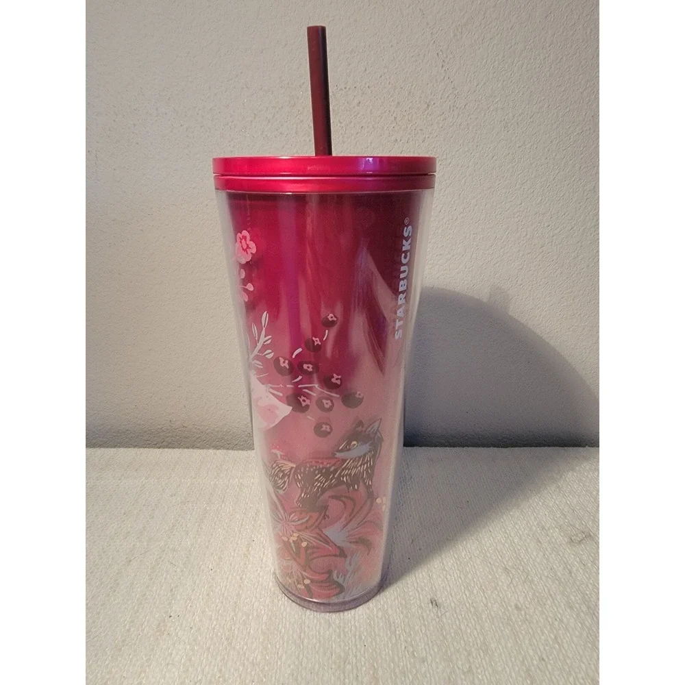 Starbucks‎ 24oz Venti Cold Cup Tumbler 2022 Holiday Enchanted Forest Pearl Red